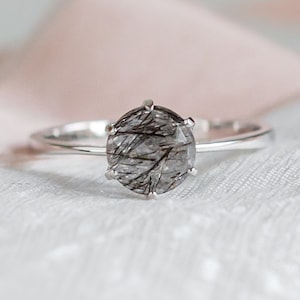 Alternative engagement ring, Black quartz ring, Rutilated quartz ring, Gothic engagement ring