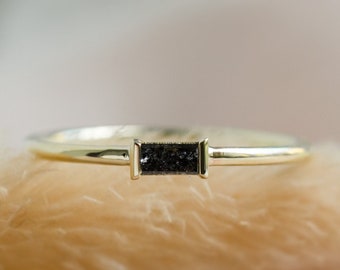 Thin stacking diamond ring, Salt and pepper baguette diamond ring, Tiny diamond gold ring