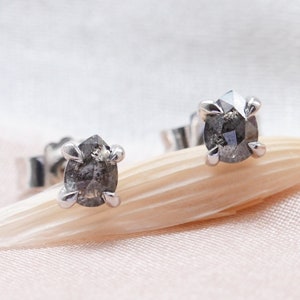 Salt and pepper pear diamond earrings, Tiny gemstone studs, Delicate stud earrings
