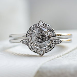 1ct Brilliant cut Salt & pepper diamond ring set, Natural diamond ring set in White gold 14K