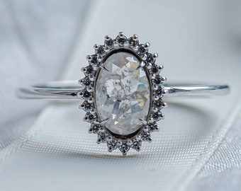 Rose cut oval diamond ring, Halo diamond engagement ring, Icy gray diamond ring