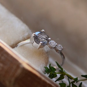 Rutilated quartz engagement ring, Three stone diamond ring, Organic engagement ring