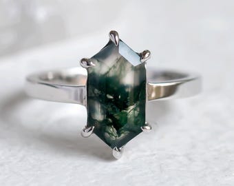 Hexagon Moss Agate Engagement Ring, 14K Solid Gold Gemstone