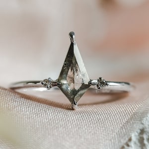 Solid gold 14K diamond ring, Salt and pepper engagement ring with side diamonds
