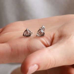 Triangle Rutilated quartz earrings in Sterling silver or Solid gold 14K, Small gemstone studs