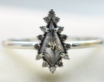 Anel de diamantes em formato de pipa com halo, aliança de casamento alternativa, anel de noivado sal e pimenta