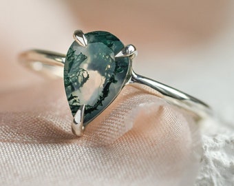 Pear Moss agate engagement ring, Natural Moss agate ring, Unique pear shaped ring