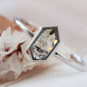 Hexagon diamond engagement ring, Rose cut diamond ring, Salt and pepper alternative ring image 2