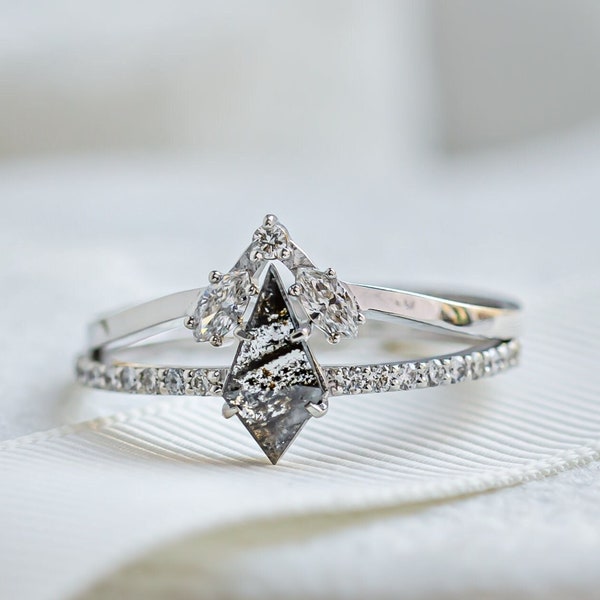 Salt and pepper kite diamond ring set, Marquise wedding band, Kite cut engagement ring