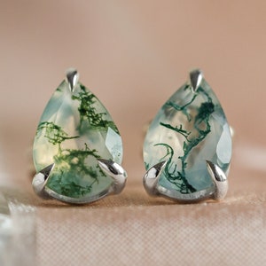 Solid gold gemstone earrings, Moss agate studs, Moss agate jewelry