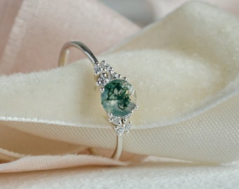 Bague de fiançailles en agate mousse et diamant, bague de fiançailles bio, bague en agate verte