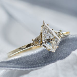 Unique Kite moissanite ring, Three stones engagement ring, Gold moissanite ring