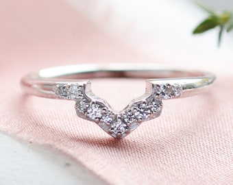 Chevron wedding band, Curved diamond wedding band, Diamond tiara ring