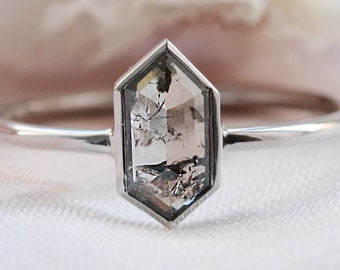 Hexagon diamond engagement ring, Rose cut diamond ring, Salt and pepper alternative ring