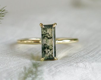 Baguette moss agate engagement ring, Unique gemstone engagement ring, Moss agate jewelry