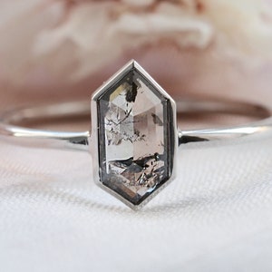 Hexagon diamond engagement ring, Rose cut diamond ring, Salt and pepper alternative ring image 1