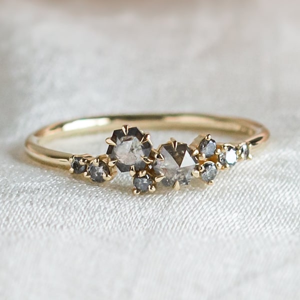 Tiny hexagon diamond ring, Salt and Pepper cluster ring, Alternative engagement ring