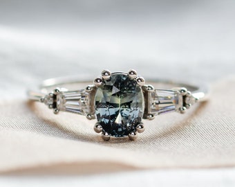 Blue Green sapphire ring, Teal sapphire engagement ring in White gold 14K