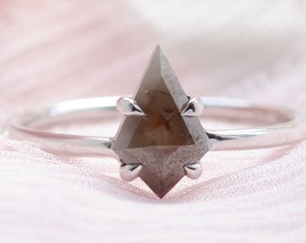 Delicate salt and pepper diamond ring Kite engagement ring 14K White gold ring