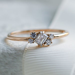 Moissanite baguette ring in Yellow gold 14K, Tiny baguette cluster ring, Delicate gold ring