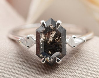 14K White gold Hexagon engagement ring Geometric salt and pepper diamond ring Three stone diamond ring
