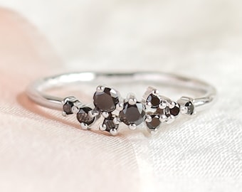 Anel de noivado com diamante negro, Anel de noivado com conjunto de diamantes, Aliança de casamento com diamante negro