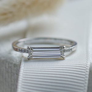 Unique baguette moissanite ring, Modern engagement ring, Long baguette ring in White gold 14K