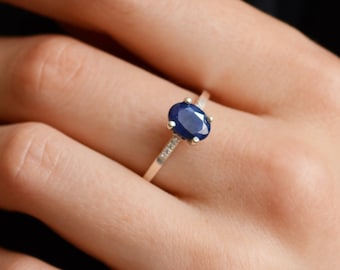 Oval sapphire engagement ring, Genuine sapphire ring, Sapphire diamond ring