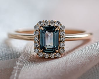 Halo Teal Sapphire Diamond Ring, Emerald Cut Sapphire Engagement