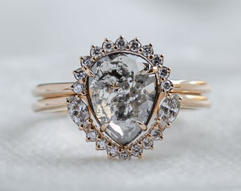 Pear engagement ring set, Unique bridal ring set with pear salt & pepper diamond