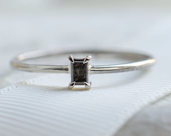 Tiny Baguette diamond ring, Thin solid gold ring, Minimal Salt & Pepper diamond ring