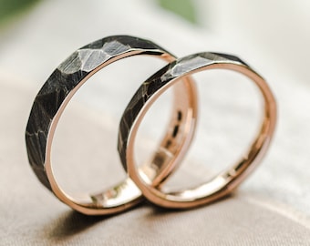 Black and rose gold wedding band, Textured wedding rings, Unusual wedding ring