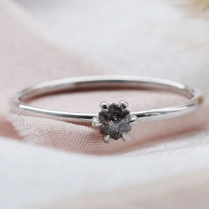 Tiny hexagon engagement ring, Salt and pepper diamond ring, Geometric gemstone ring