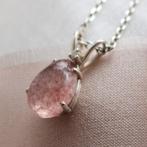 Strawberry quartz necklace, Tiny diamond pendant, Dainty lepidocrocite necklace