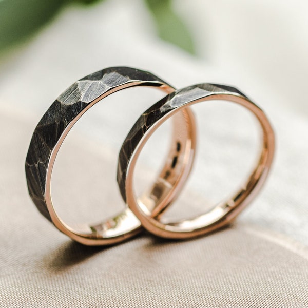 Black and rose gold wedding band, Textured wedding rings, Unusual wedding ring