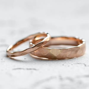 Hammered Wedding bands set his and hers in Rose gold 14K, Unique wedding band by Mialis Jewelry