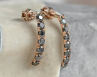 14K Rose gold half hoop diamond earrings, Salt and pepper ombre diamond earrings