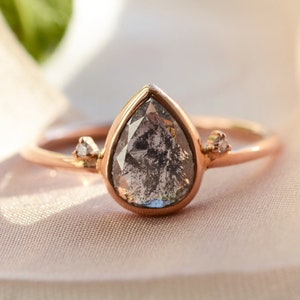 Three stone diamond ring, Pear salt and pepper engagement ring, 14K Rose gold geometric ring