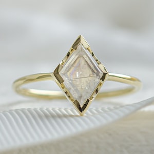 Art deco moonstone ring,  Rhombus engagement ring, Yellow gold 14K moonstone ring