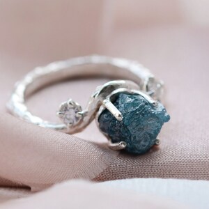 Uncut diamond engagement ring Blue raw diamond ring Alternative rough diamond ring image 2