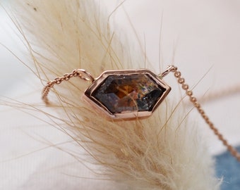 Collier sel et poivre diamants, pendentif diamant hexagonal, collier unique en or rose 14 carats