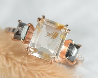 Golden rutilated quartz ring with side Salt & Pepper diamonds, Rose gold 14K Unique ring