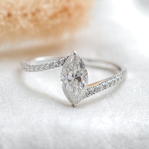 Marquise cut moissanite engagement ring, Bypass Shank Ring in White gold 14K
