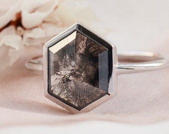 Salt and pepper hexagon engagement ring made is 14K White gold by Mialis Jewelry