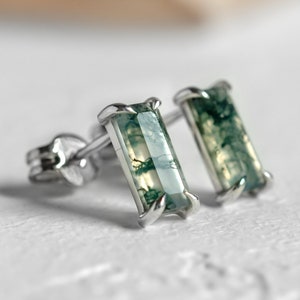 Moss agate baguette earrings, Moss agate jewelry, Natural green stone earrings