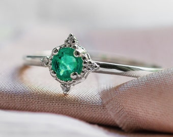 Solid gold emerald ring, Delicate emerald cluster ring with white diamonds