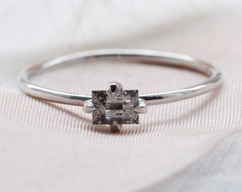 Tiny Baguette diamond ring Thin solid gold ring Minimal Salt & Pepper diamond ring