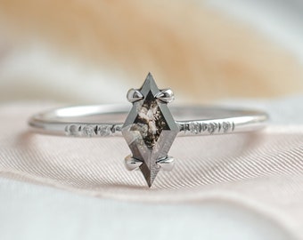 Unique bridal ring with kite salt and pepper diamond, Geometric engagement ring