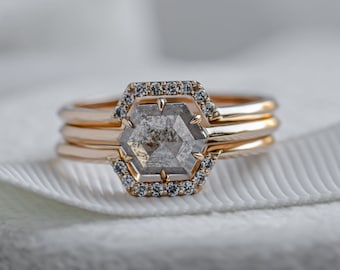 Hexagon salt and pepper diamond ring set, Geometric diamond wedding ring set in Gold 14K