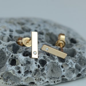 Gold line diamond earrings, Minimalist gold studs, Tiny diamond earrings image 1